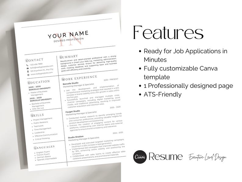 Easy Resume Template Canva ATS Friendly Professional CV Design Elegant ...