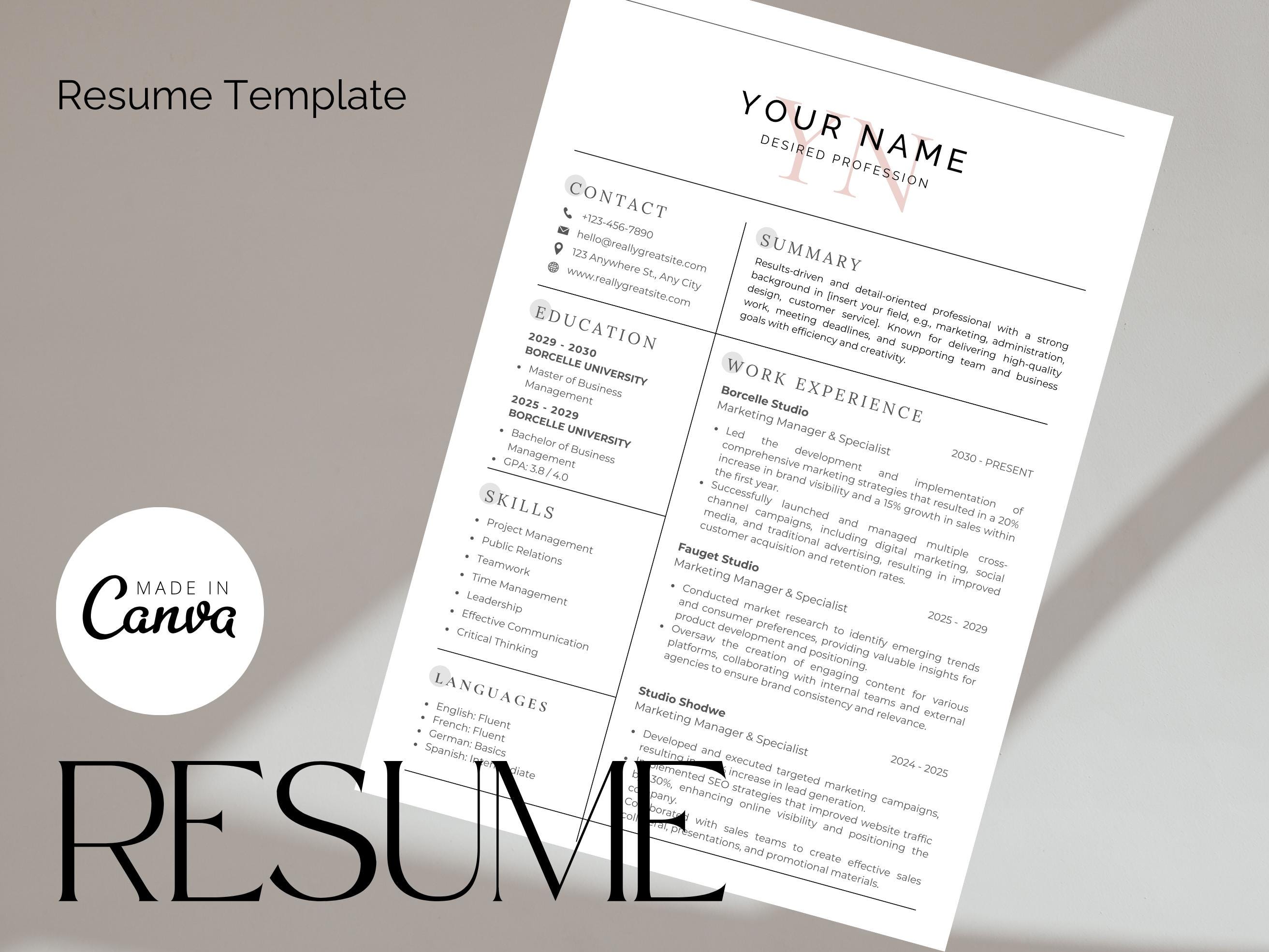 Easy Resume Template Canva ATS Friendly Professional CV Design Elegant ...