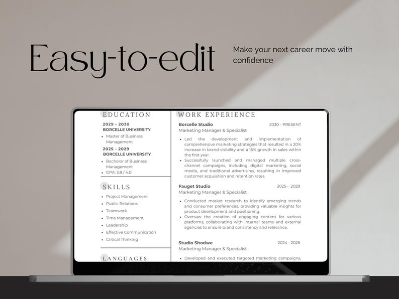 Easy Resume Template Canva ATS Friendly Professional CV Design Elegant ...