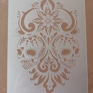 Two decorated skull stencil, wall decor, hoome decor, furniture painting, sign painting, washable, reusable, flexible, art stencils