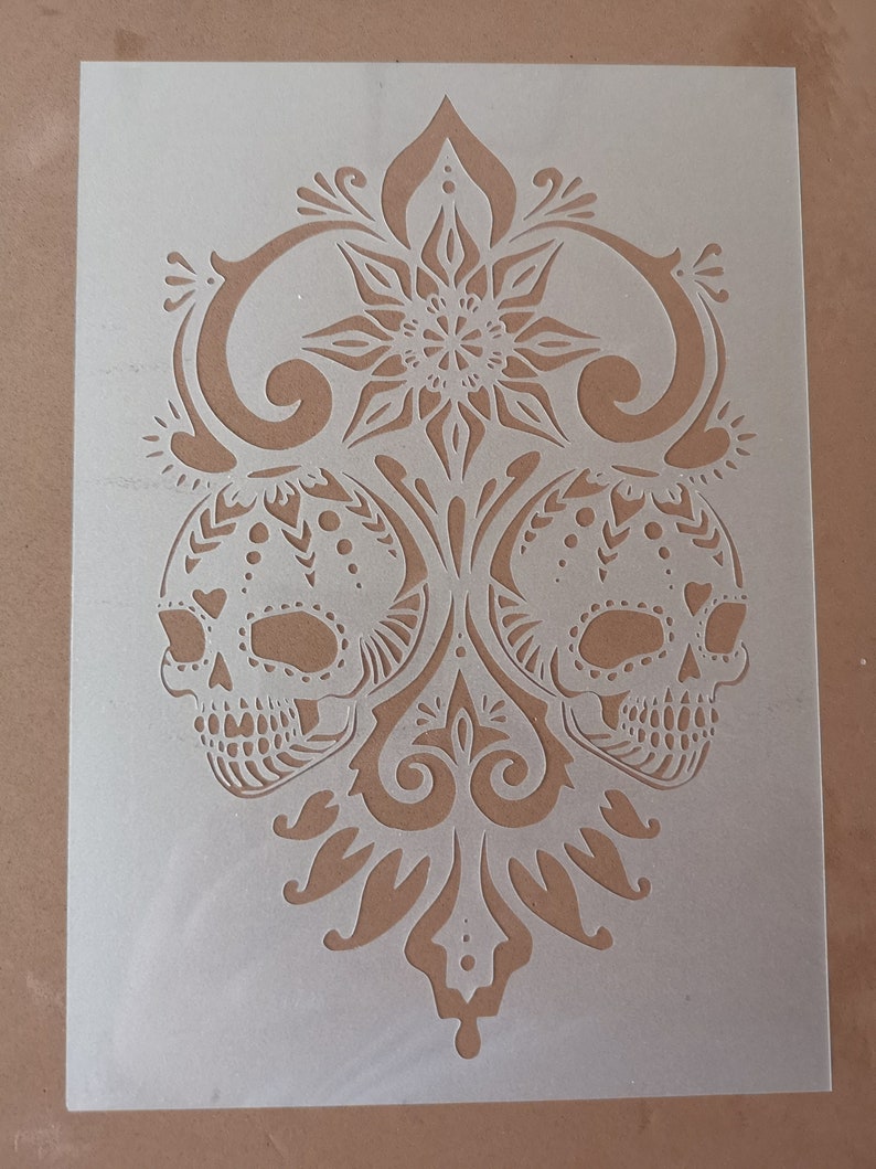Two decorated skull stencil, wall decor, hoome decor, furniture painting, sign painting, washable, reusable, flexible, art stencils 