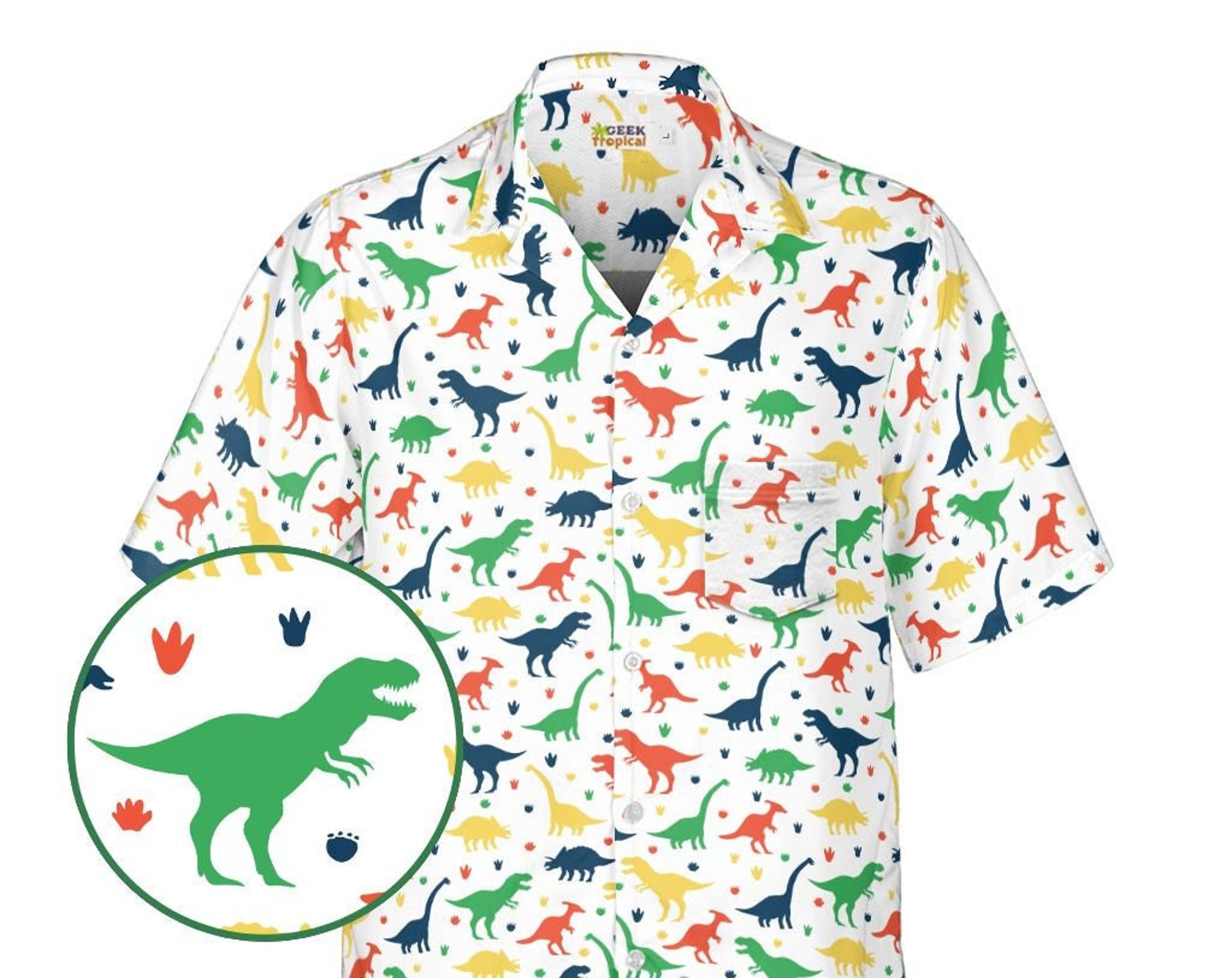Discover Colorful Dinosaur Silhouettes White Button Up Unisex Nerdy Hawaiian Shirt | Dinosaur Button Up Shirt