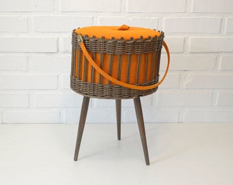 Vintage Wicker Sewing Basket: Mid Century Modern Orange Sewing Box