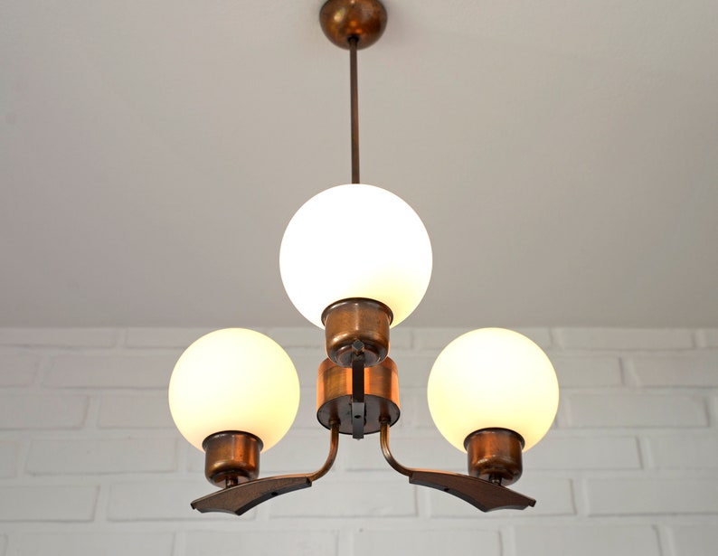 Vintage Pendant Light / Mid Century Rustic Lamp / Wood and Copper / Hanging Lamp / Chandelier Yugoslavia 1970's zdjęcie 3