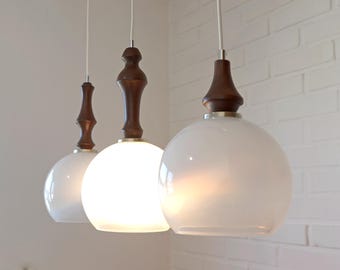 Lampade a sospensione vintage / Set di 3 / Lampade da bar sospese in legno e vetro dal design rinnovato