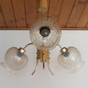 Vintage Pendant Light / Hanging Lamp / Gooseneck Chandelier  / Mid Century Light Fixture / Yugoslavia 1960s / Amber Glass
