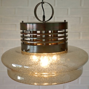 Vintage Brutalist Light Fixture / Hand Blown Glass Pendant Lamp / XL Rustic Copper Loft Chandelier /  Mid Century Modern Yugoslavia in 80&#39;s