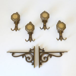 Vintage Brass Set / Wall Hooks / Shelf Brackets / Coat Rack / Bathroom Accessories / Rustic Hat Racks / Italy 1960's image 1