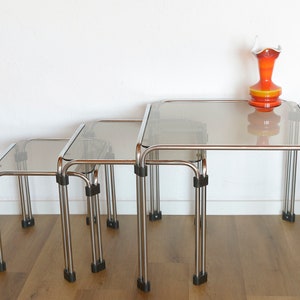 Vintage Satztische / 3er Set / Chrom Beistelltisch / Couchtisch / Blumenständer / Mid Century Modern / Jugoslawien 1980er Jahre / Nachttische