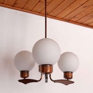 Vintage Pendant Light / Mid Century Rustic Lamp / Wood and Copper / Hanging Lamp / Chandelier Yugoslavia 1970's zdjęcie 4