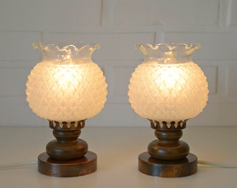 Pair of Charming  Desk Lamp / Vintage Bedside Lamps / Wood and Copper Table Lamps / Pineapple  Glass Shade