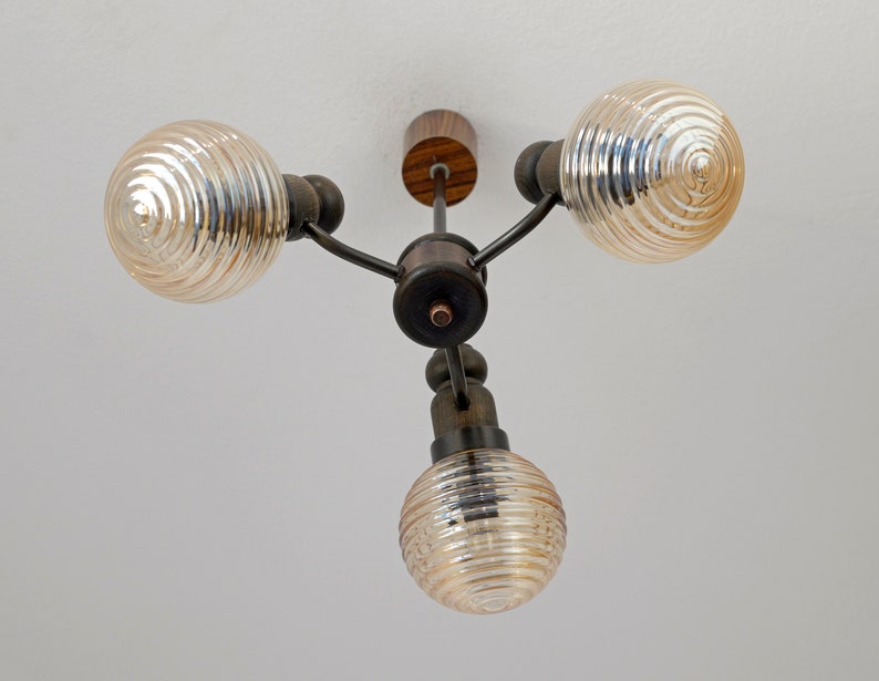 Rustic Pendant Light / Hanging Lamp / Mid Century / Small Sputnik / Wooden Vintage Chandelier / Yugoslavia 1960s image 3