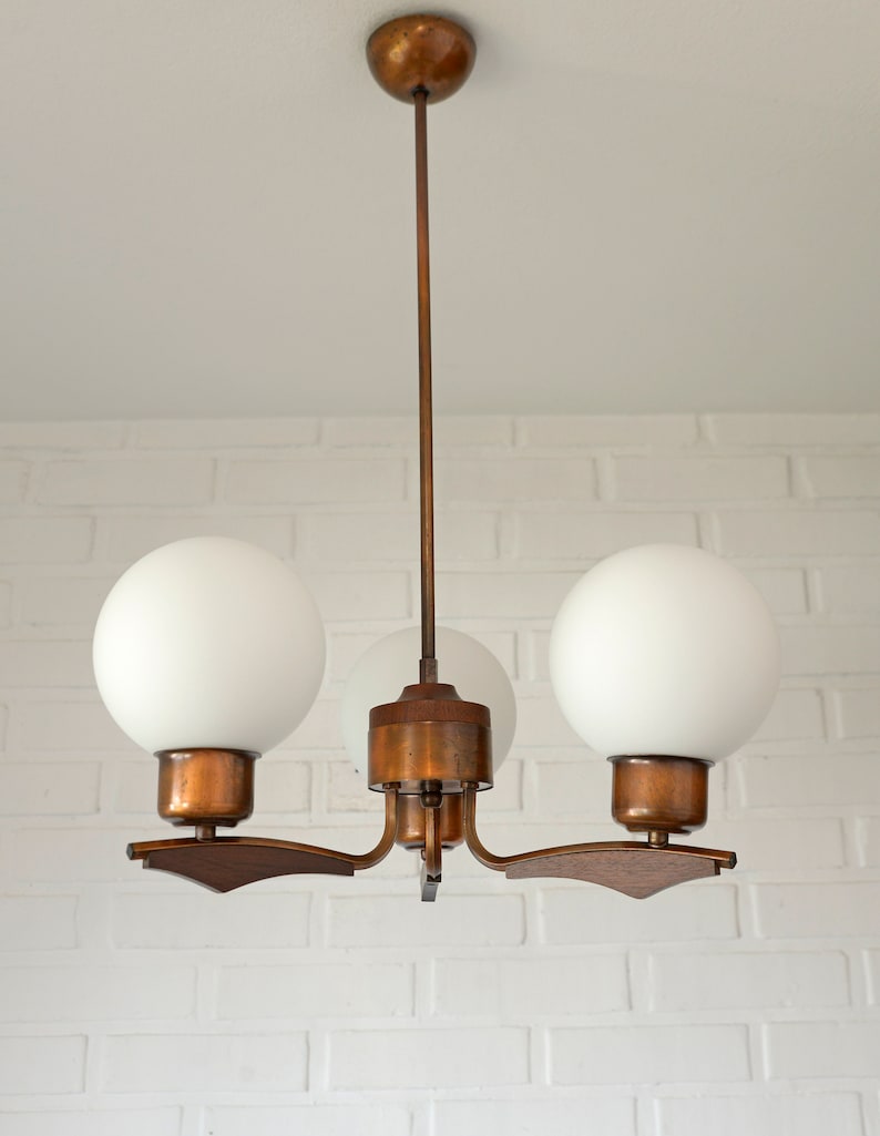 Vintage Pendant Light / Mid Century Rustic Lamp / Wood and Copper / Hanging Lamp / Chandelier Yugoslavia 1970's zdjęcie 2