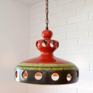 Ceramic Pendant Light / Vintage Red Ceramic Chandelier / Rustic Hanging Lamp / Retro Kitchen 1970&#39;s / Farmhouse Light Fixture / Fat Lava
