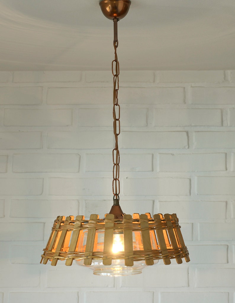 Vintage Wicker Hanging Lamp / Rustic Pendant Light / Retro Kitchen 60's / Farmhouse Light Fixture image 5