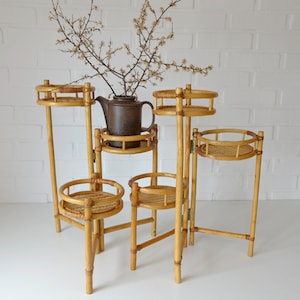 Vintage Wooden Plant Stand / Set of 2 / Boho Decor / Bamboo Furniture 1970 / Mid Century Rattan Plant Stand / Tiered Stand / Folding Stand