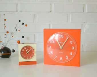 Set of 2 / Orange Vintage Clocks / Wall Clock / Alarm Clock / Desk Clock / Insa Yugoslavia 1970's / Mid Century Modern