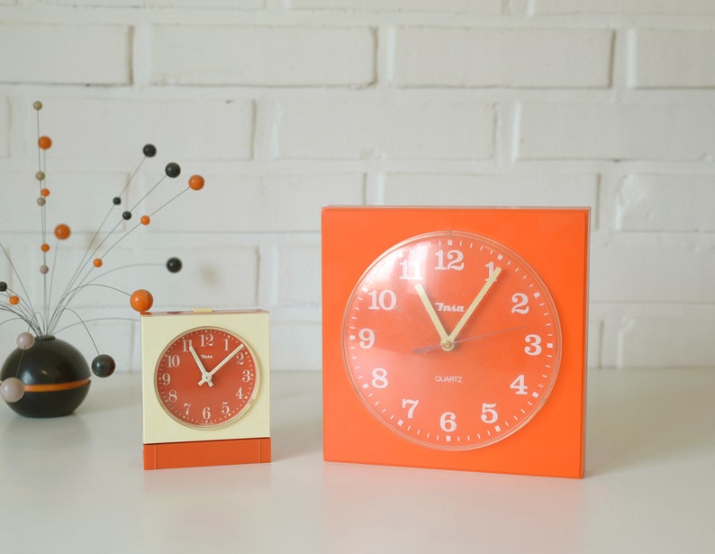 Set of 2 / Orange Vintage Clocks / Wall Clock / Alarm Clock / Desk Clock / Insa Yugoslavia 1970's / Mid Century Modern image 1