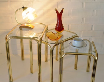Set of 3 Plant Stand / Mid Century Modern / Coffee Tables / Vintage Gold Nesting Tables / Made in Yugoslavia in the 1980's