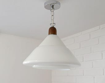 Vintage White Glass Pendant Light: Mid Century Modern Yugoslavia Lighting