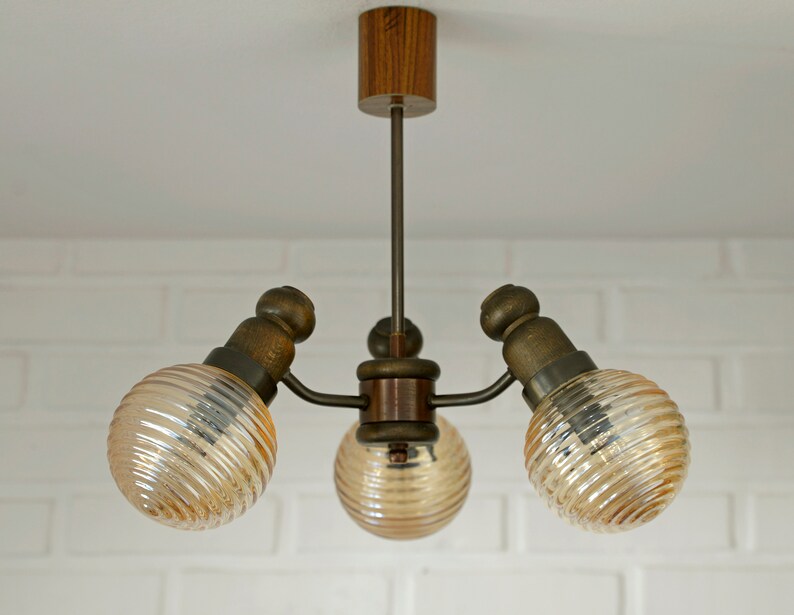 Rustic Pendant Light / Hanging Lamp / Mid Century / Small Sputnik / Wooden Vintage Chandelier / Yugoslavia 1960s image 4