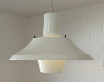 1 of 2 Vintage Trumpet White Pendant Light / Mid Century Modern / Industrial School Chandelier / Made in Yugoslavia 70's