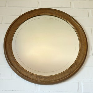 Vintage Round Wall Mirror / Large Rustic Mirror / Imitation Wood from 70's