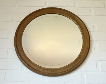 Vintage Round Wall Mirror / Large Rustic Mirror / Imitation Wood from 70's