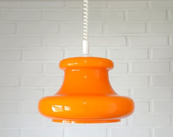 Vintage Orange Glass Pendant Light: Mid Century Modern MCM Hanging Lamp, Yugoslavia 1970s