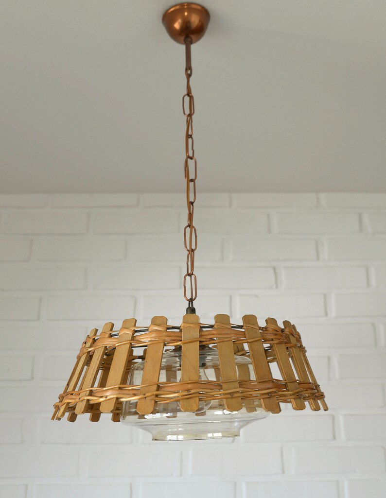 Vintage Wicker Hanging Lamp / Rustic Pendant Light / Retro Kitchen 60's / Farmhouse Light Fixture image 2