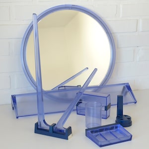 Vintage Transparent Blue Plastic Bathroom Set: Mid Century Modern Mirror, Shelf & Rack