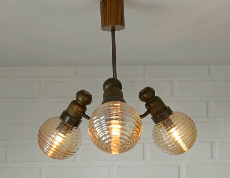 Rustic Pendant Light / Hanging Lamp / Mid Century / Small Sputnik / Wooden Vintage Chandelier / Yugoslavia 1960s image 5
