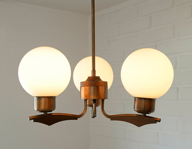 Vintage Pendant Light / Mid Century Rustic Lamp / Wood and Copper / Hanging Lamp / Chandelier Yugoslavia 1970's zdjęcie 5