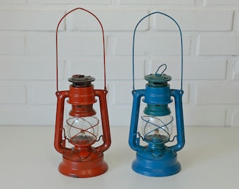 Set of 2 Vintage Lantern Lamps / Hanging Hurricane Lamps / Barn Red and Blue Lantern from 1950s