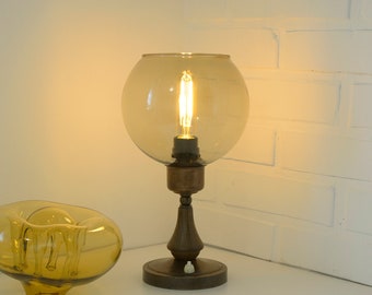 Large Vintage Bedside Lamp / Wood and Copper Rustic Table Lamp / Smoked Glass Globe / MCM Desk Light