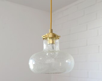 Vintage Mushroom Pendant Lamp: Hand Blown Bubble Glass, Brass Fixture