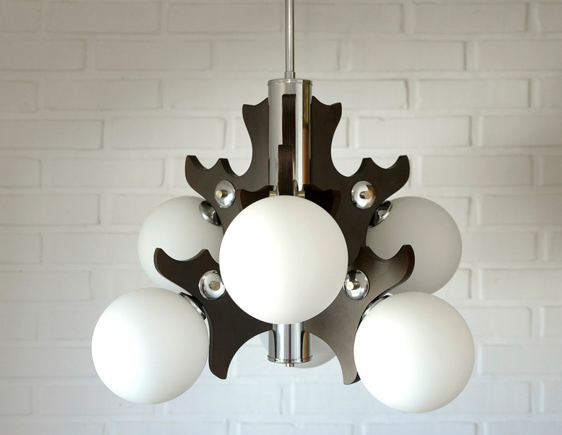 Vintage Pendant Light / Brutalist Hanging Lamp / Large Light Fixture / MCM Chandelier / Mid Century Modern / Italy 1970s image 1