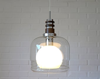 Vintage Glass Pendant Lamp: Mid Century Modern Ceiling Light, Yugoslavia 1970s