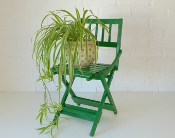 Vintage Wooden Decor / Plant Stand / Rustic Folding Chair / Handmade Furniture / Green Shabby Chic / Small Kids Chair / Yugoslavia 1960's