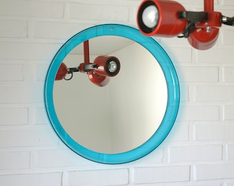 Vintage Round Wall Mirror / Turquoise Plastic / Decorative Mirror / Yugoslavia 1970's / Mid Century Modern / MCM Bathroom Mirror / Pop Art