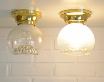 Vintage Mazzega Hand Blown Glass Sconces, Brass Flush Mount Lamps