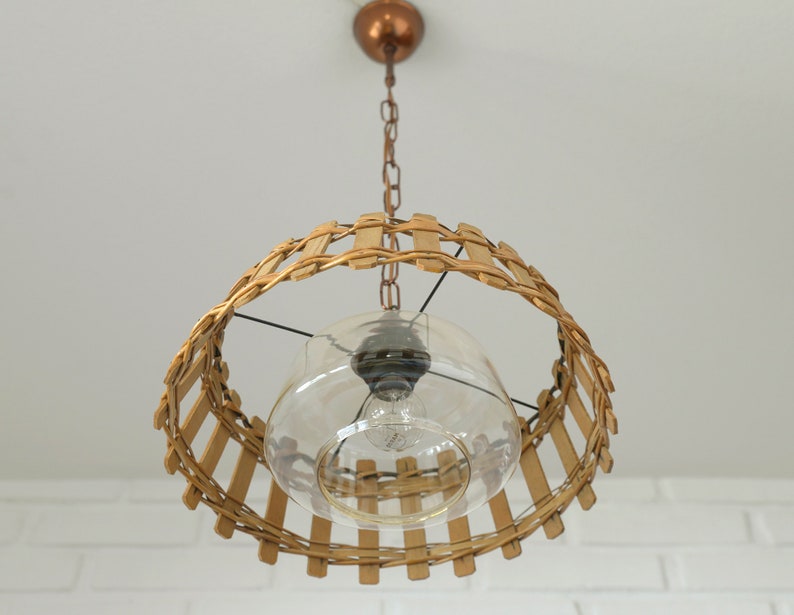 Vintage Wicker Hanging Lamp / Rustic Pendant Light / Retro Kitchen 60's / Farmhouse Light Fixture image 4