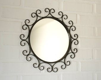 Vintage Wall Rustic Mirror / Metal Sunburst Round Mirror / Mid Century Yugoslavia 1970s