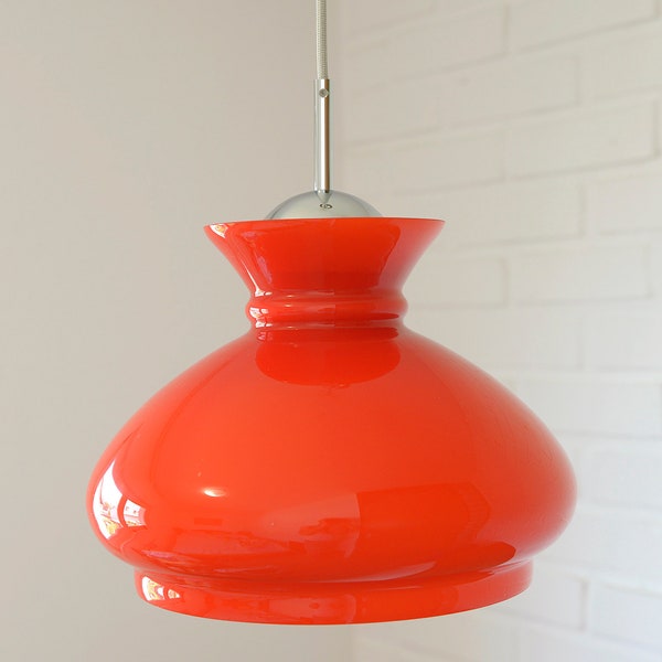 Vintage Red Pendant Light / Hanging Lamp / Redesign Ceiling Light / Mid Century 1970s / Hand Blown Glass / Light Fixture