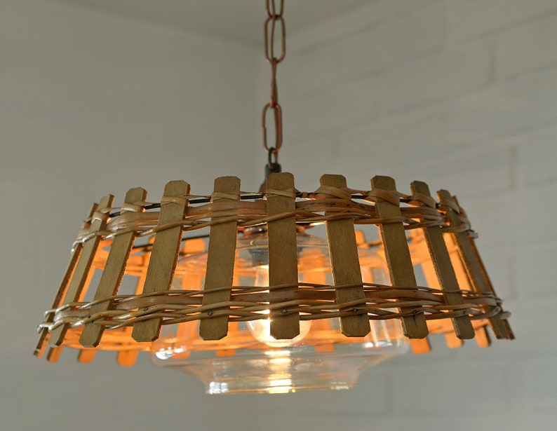 Vintage Wicker Hanging Lamp / Rustic Pendant Light / Retro Kitchen 60's / Farmhouse Light Fixture image 3