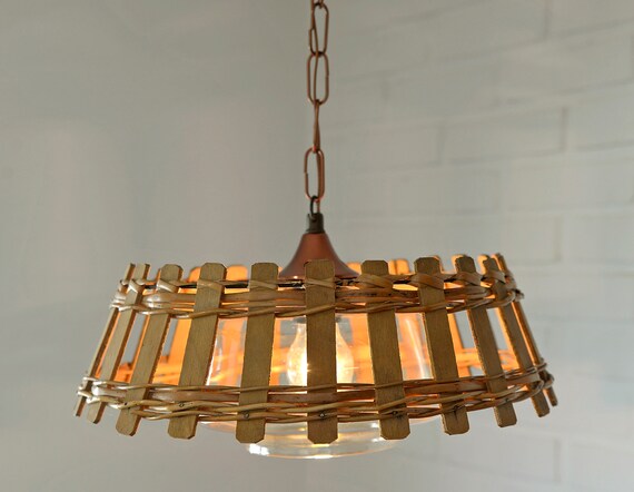 Vintage Wicker Hanging Lamp / Rustic Pendant Light / Retro Kitchen 60's / Farmhouse Light Fixture