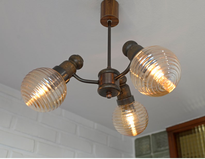 Rustic Pendant Light / Hanging Lamp / Mid Century / Small Sputnik / Wooden Vintage Chandelier / Yugoslavia 1960s image 2