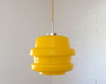 Retro Hanging Lamp / Yellow Glass Chandelier / Vintage Pendant Light / Mid Century Modern / Yugoslavia 1970's / Pop Art Light Fixture