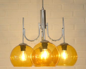 Vintage Large Pendant Lamp / Spage Age 1970s / Chrome Chandelier / Mid Century Modern / Amber Glass / MCM Light Fixture