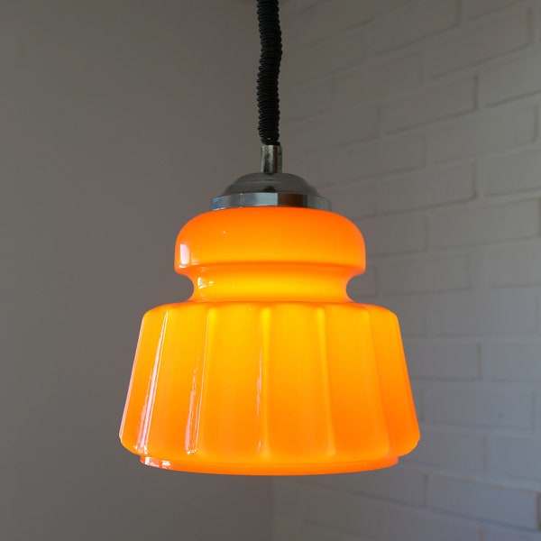 Vintage Orange Pendant Light / Mid Century Modern / Retro Hanging Lamp / Glass Light Fixture / Yugoslavia 1970's